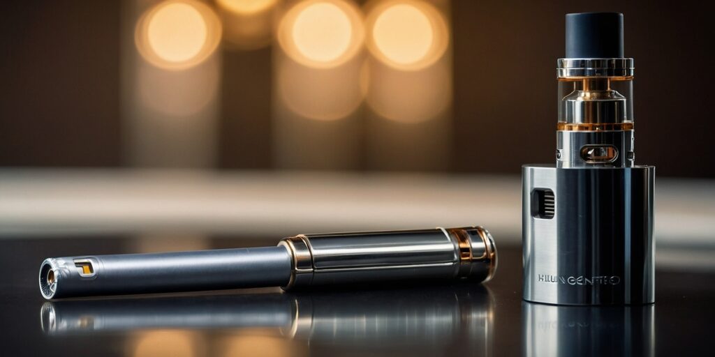 Une photo d'une cigarette électronique plate, élégante et discrète, dans une main. Une photo d'une cigarette électronique plate, élégante et discrète, dans une main.