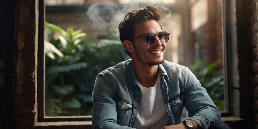 Une image d'une personne utilisant une cigarette électronique sans nicotine, avec un sourire sur le visage.