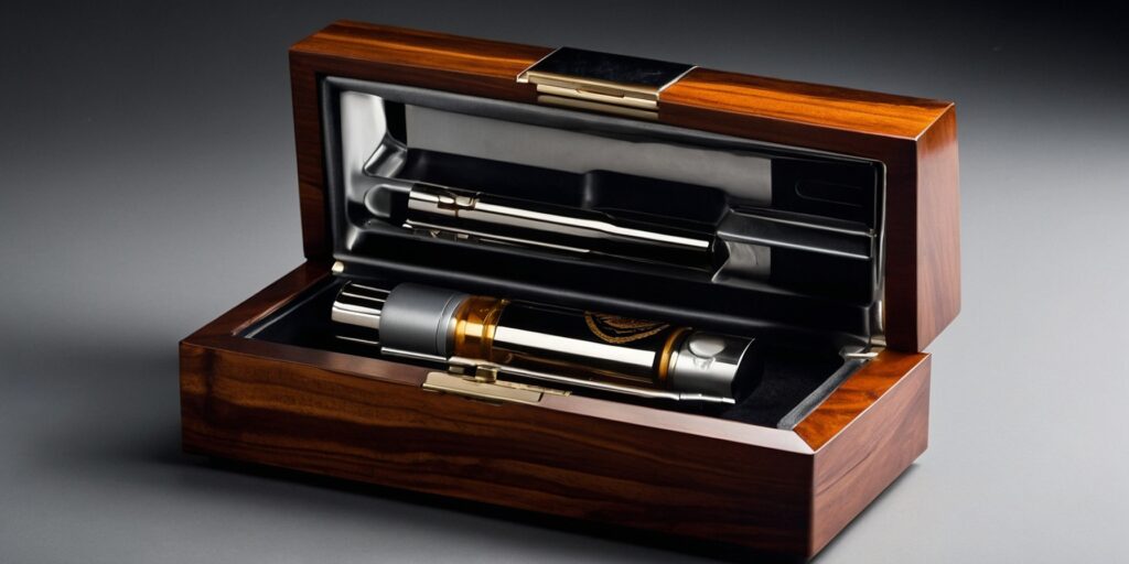 Photo d'une box vape haut de gamme avec des finitions en acier inoxydable et du bois précieux Photo d'une box vape haut de gamme avec des finitions en acier inoxydable et du bois précieux