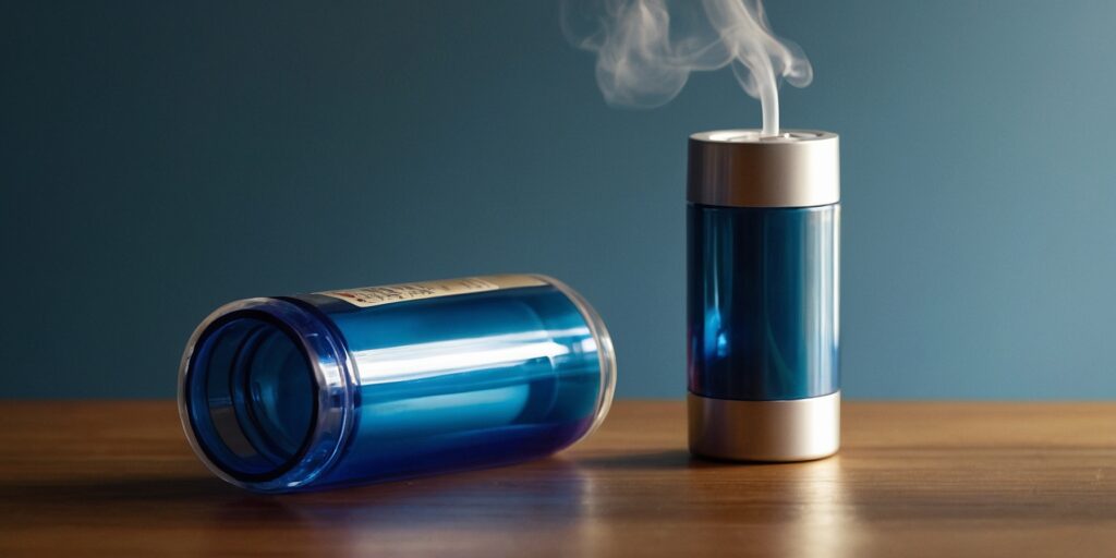Une image d'une personne utilisant une puff avec une tasse d'eau à côté d'elle.