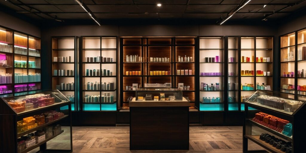 Une photo d'une boutique physique de vape avec des étagères remplies de puffs de différentes marques et saveurs. Une photo d'une boutique physique de vape avec des étagères remplies de puffs de différentes marques et saveurs.