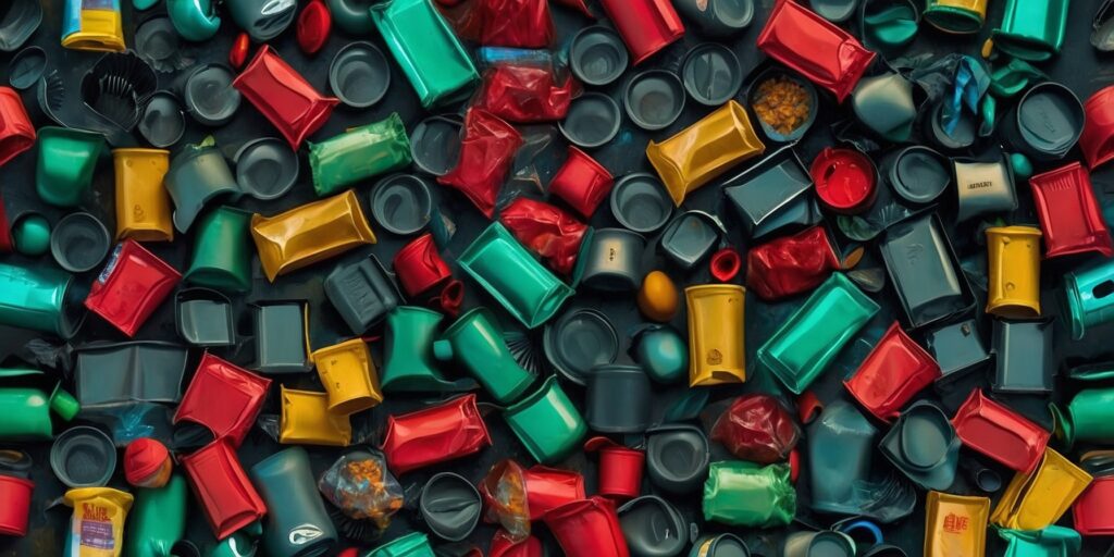 Image d'une poubelle pleine de puff bar jetables, avec un fond sombre et des couleurs contrastées pour mettre en avant le problème des déchets. Image d'une poubelle pleine de puff bar jetables, avec un fond sombre et des couleurs contrastées pour mettre en avant le problème des déchets.