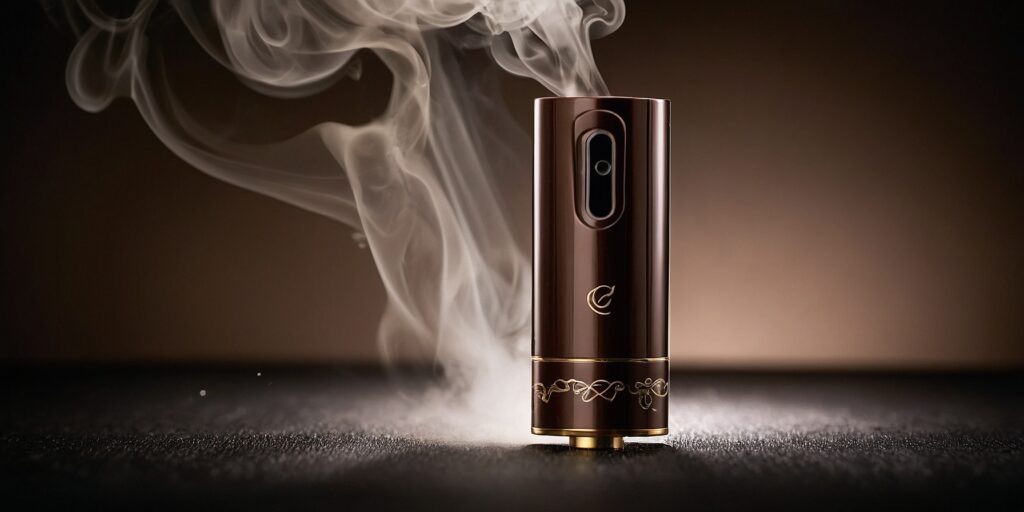 Une image d'une cigarette électronique avec un e-liquide au goût chocolat, mettant en valeur la vapeur et la saveur. La photo pourrait être stylisée pour montrer une ambiance gourmande et relaxante.