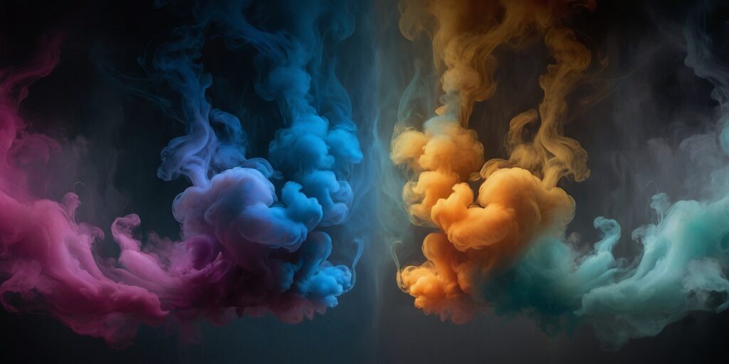 Une image d'une Puff Tornado 9000 avec un fond abstrait de fumée et un slogan 
