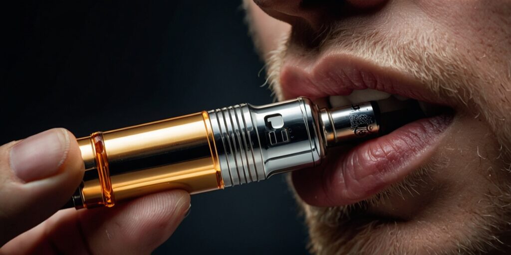 Un vapoteur expérimenté inspecte attentivement une vape d'occasion, vérifiant les composants et la présence de dommages.